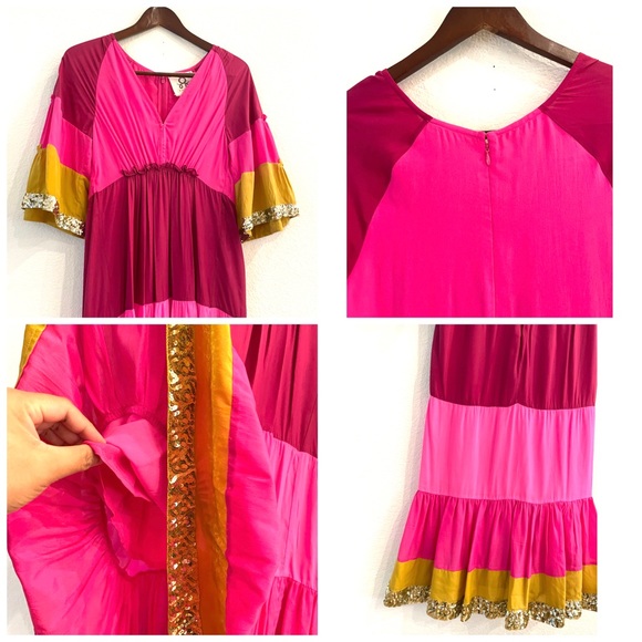 NWT Figue  Silk Crepe Colorblock Gold Sequin  Trim Midi Dress Bohemian Gypsy - Picture 14 of 16